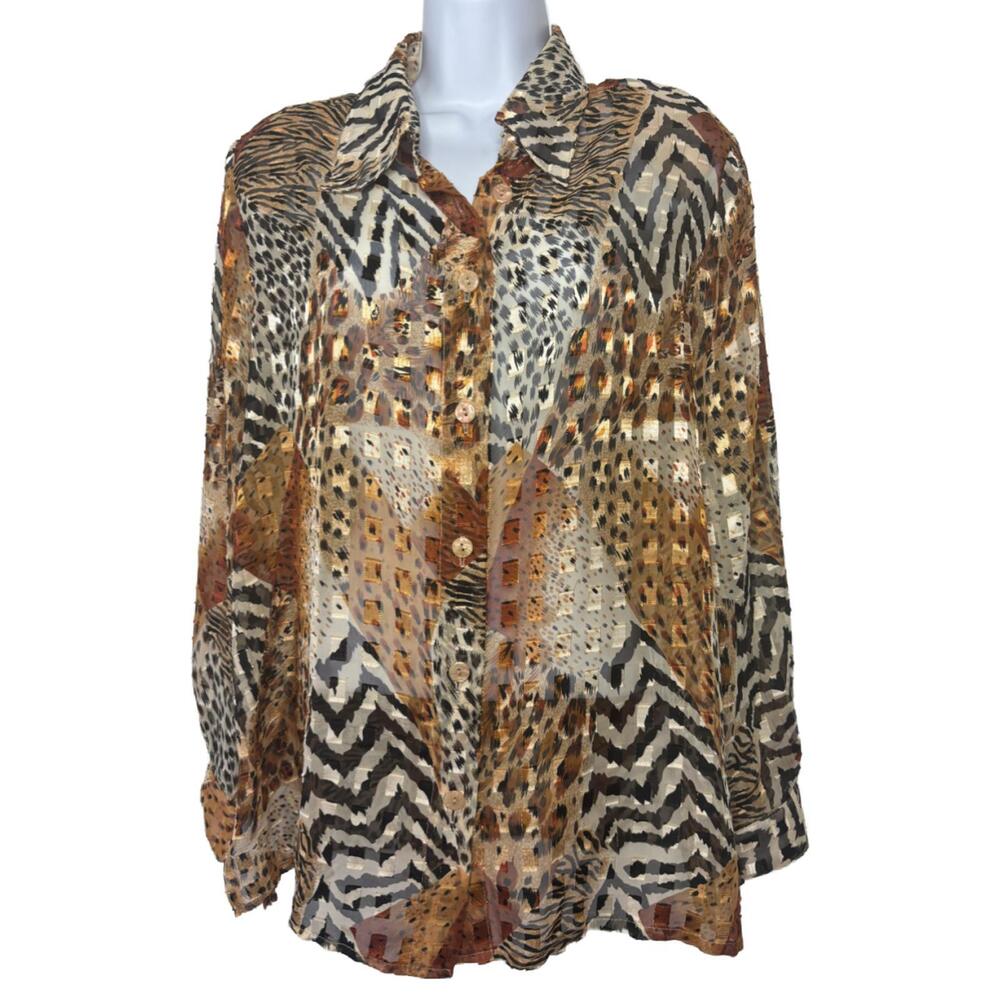 Vtg Draper & Damons Women's Sz XL Mixed Animal Print Sheer Button Blouse(1943)